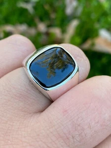 Real Solid 925 Sterling Silver Black Onyx Natural Stone Mens Signet Plain Ring - Picture 1 of 12