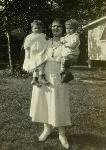 Woman With Glasses Holding Two Small Children B&W Photograph 2.5 x 4.25 - Picture 1 of 3