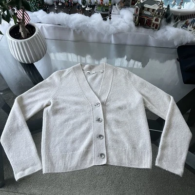 Cárdigan VINCE 100 % cachemir cuello en V botón encogido delantero talla grande marfil dinero Foto 1 de 4