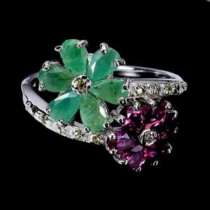 925 Sterling Silver Ring Pear Emerald Rhodolite Sapphire Gemstone Jewelry Size 7 - Picture 1 of 13