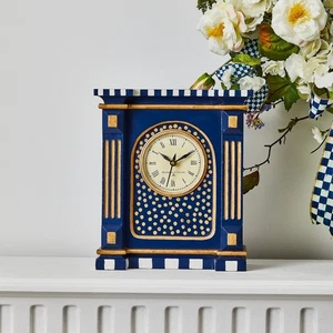 New Mackenzie-Childs blue Royal Check hand painted Mantel working Clock NIB - Picture 1 of 2
