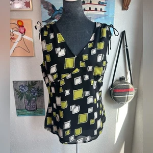 Sz 14 Black Green babydoll vneck sleeveless tie - Y2K Twee preppy side zip - Picture 1 of 8