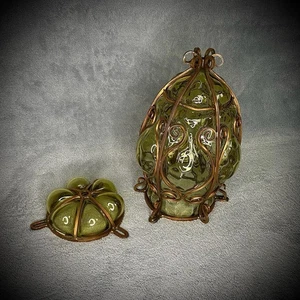 Glaslaterne im Käfig - mundgeblasen - gelbes Glas & Kupferrahmen - beschädigt - 9 Zoll - Bild 1 von 23