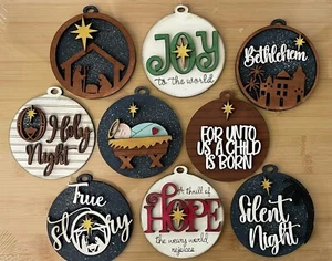 Hand Painted Rustic Wood Christmas Ornaments. 3.5 Inch Diameter Set Of 9 - Picture 1 of 10
