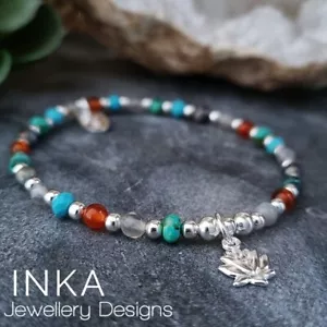 Inka 925 Sterling Silver & Gemstone bead Stacking Bracelet with Lotus charm - Picture 1 of 7
