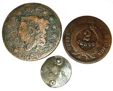 ♔ Antique U.S. Type Coins: 1830 LARGE CENT, 2-Cent Copper + 3-Cent Silver Trime