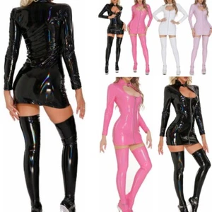 UK Women's Sexy Wet Look Leather Long Sleeve Mini Dress with Stockings Clubwear - Picture 1 of 54