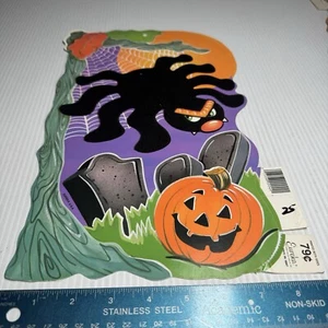 Vtg Eureka Flocked Spider Pumpkin Halloween Die Cut Out Graveyard Damaged - Picture 1 of 3