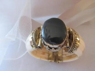 Vintage Antique Chinese Handcarved Oval Cabochon Green Stone Cuff Bracelet - Image 1 of 4