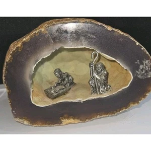 Large Vintage Geode Agate Pewter Diorama Nativity Scene Mary Joseph & Jesus - Picture 1 of 7