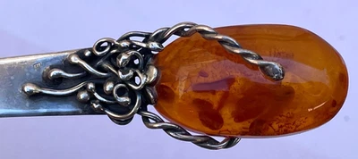 CUCHILLO DE PLATA ESTERLINA Y ÁMBAR BÁLTICO PULIDO POLONIA RECUERDO CARTA SIN CUCHARA Foto 1 de 4