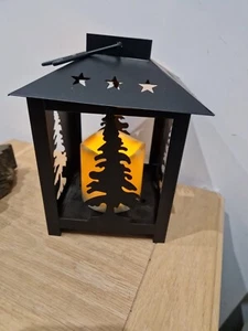 Black metal Candle Lantern Battery Operated With Tree Pattern 19cm tall x 13cm w - Picture 1 of 6