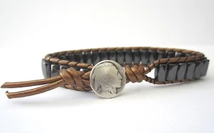 Great Gift Men's Golf Sports Bracelet Bronze Leather Black Magnetic Indian - Picture 1 of 12