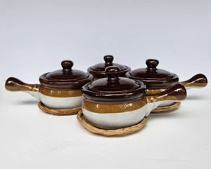 Vintage French Onion Soup Crock Stoneware Bowls With Lids Rests Handles Set of 4 - Picture 1 of 11