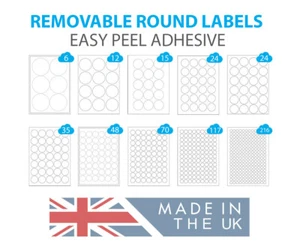 Removable Round Labels, Peelable White Paper Stickers, A4 Label Sheets Low Tack - Picture 1 of 19