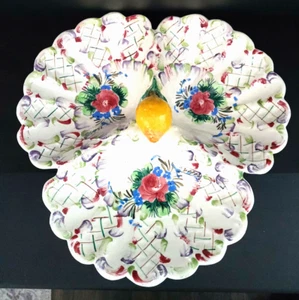 Three section Majolica tidbit tray with lemon handle, hand painted Italy - Picture 1 of 8