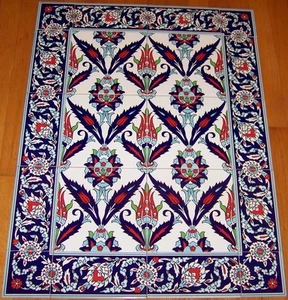 32"x24" Turkish Iznik Carnation & Daisy Pattern Border Ceramic Tile Mural Panel - Picture 1 of 11