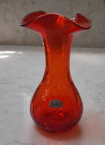Vintage Rainbow Crackle Glass Hand Blown Vase Persimmon Orange - original label - Picture 1 of 4