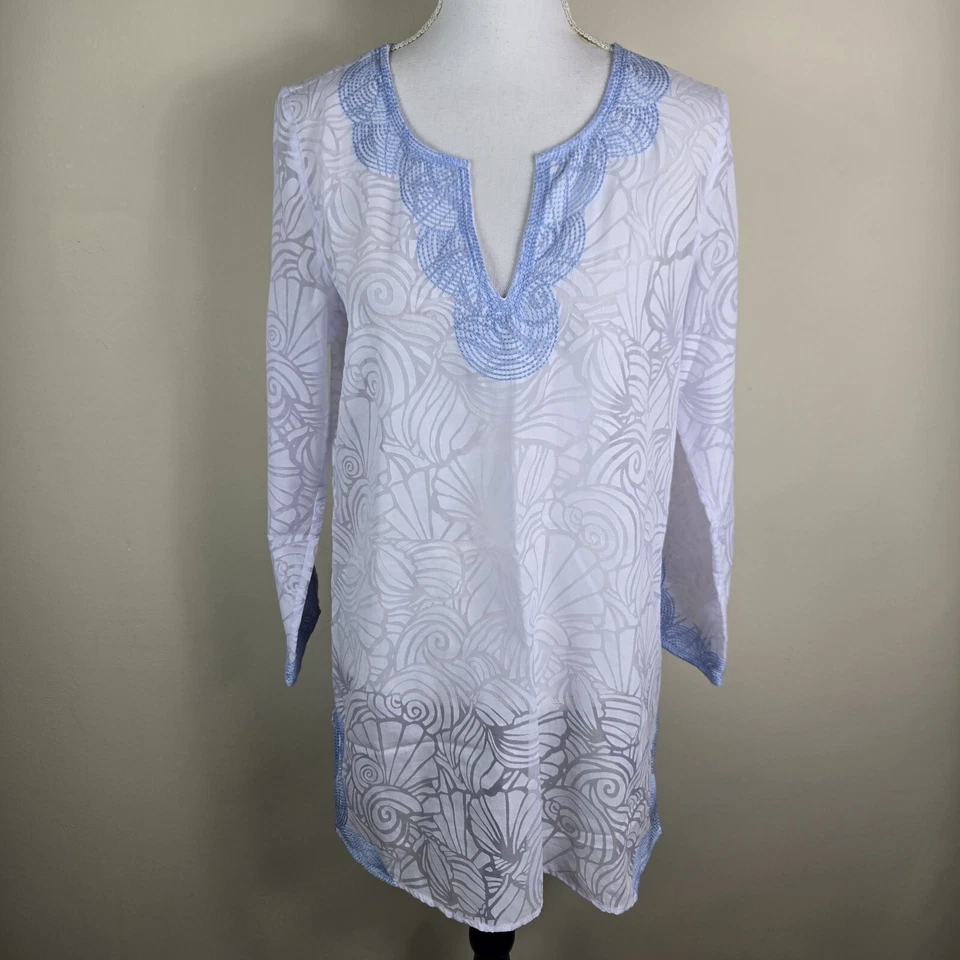 Vineyard Vines Mujer Cubre XS Blanco Azul Nautulis Estampado Concha Playa Piscina Foto 1 de 4