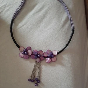 Handmade Purple Shell Floral Necklace with Black Satin - 49cm L - Picture 1 of 4
