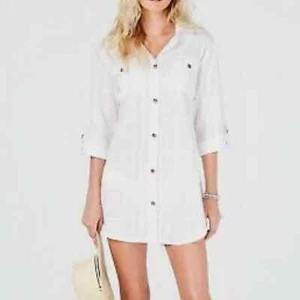 Dotti Women's White On Island Time Long Sleeve Button Front Swim Cover-up sz XL - Picture 1 of 4