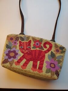 Fabric artist Laura Maclay embroidered red striped cat kitten art purse bag