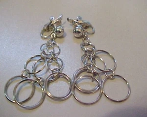 Vintage MCM Trifari Silver Tone Hoops Loops Dangle Clip-On Earrings - Picture 1 of 6