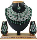 Green Pearl Stud Indian Sliver Plated Jewelry Necklace Earrings Mang Tika Choker