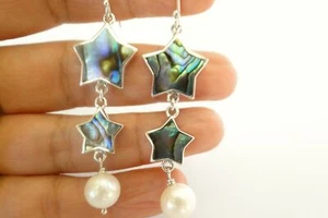 Abalone Shell Freshwater Pearl Stars Moon 925 Sterling Silver Dangle Earrings - Picture 1 of 3