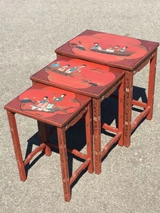 Mid Century Chinese Nesting Tables Red Lacquer Geisha Lotus Water Garden Asian 3 - Picture 1 of 17