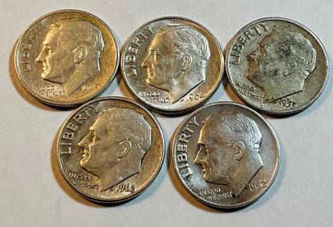 Five different Roosevelt  Silver Dimes Cover