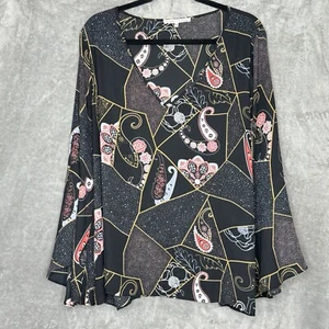 Violet & Claire XL Top Shirt Black Paisley Geometric Bell Long Sleeve V Neck - Picture 1 of 8
