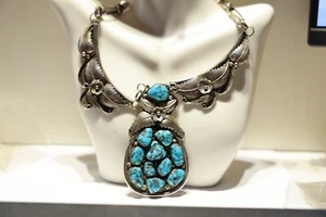 Vintage Sterling Native American Turquoise Statement Necklace 18" 109.4 Grams - Picture 1 of 8