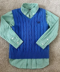 Chaps Jungen Button Down LS grün/weiß kariertes Hemd & blau Pullover Weste Gr. 5/6 - Bild 1 von 14