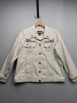 Denim And Co. Tan Denim Jacket Womens Large Button Up Embroidered Beaded Accents Foto 1 de 4