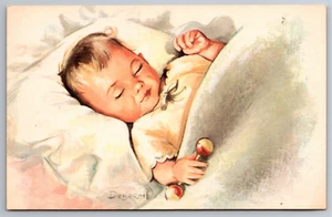 Beautiful Sleeping Baby Holding Rattle Print signed DEBORAH 5.5" x 3.5" - Picture 1 of 2