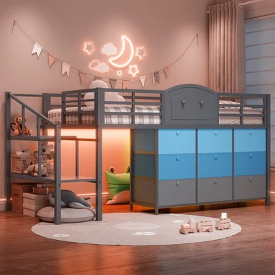 LED Low Loft Bed Twin Size with 9 Storage Drawers & Under-Bed Hideaway for Kids - Image 1 of 4
