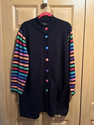 Suéter Cárdigan Bob Mackie Usable Art Negro Multicolor Manga Rayas - 1X Foto 1 de 4