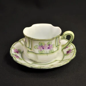 Noritake Nippon Cup & Saucer Hand Painted Violets Green Trim on White 1911-1918 - Picture 1 of 12