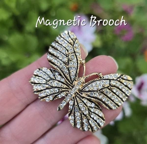 Goldene, klare, schwarze MAGNETISCHE Schmetterling Brosche. Schmetterlingsschmuck, anstecknadelfrei - Bild 1 von 6