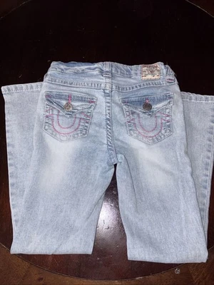 Pantalones de mezclilla True Religion niños niñas Joey tiro alto acampanados talla 8 rasgados lavado claro Foto 1 de 4