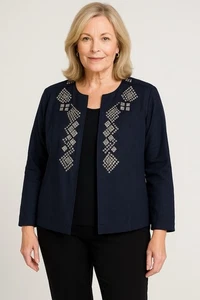 CHICOS Chaqueta Blazer Lino Algodón Embellecido Tachonado Estrás Azul M L 2 - Imagen 1 de 9