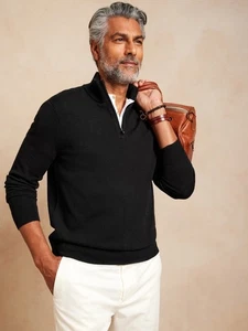 NWT Banana Republic Merino Wool Half Zip Sweater LARGE TALL Black Stand Collar - Picture 1 of 13