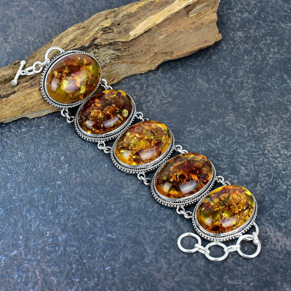 Pulseira de prata esterlina 925 feita à mão com pedra preciosa âmbar do Báltico para ela - Imagem 1 de 4