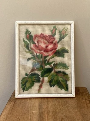Framed Needlepoint Roses CottageCore Country House  Vintage Small Wall Art - Image 1 of 4