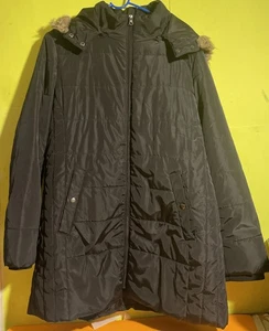 St John Bay Puffer Jacket donna XL nero con cappuccio pelliccia sintetica orlo cappotto cerniera - Foto 1 di 6