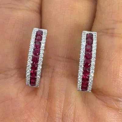 1Ct Round Cut Lab-Created Ruby Women Huggie Hoop Earrings 14K White Gold Plated - Image 1 of 4