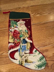 Vtg JC Penney Wool Needlepoint & Velvet Santa Claus Christmas Stocking 17" - Picture 1 of 5