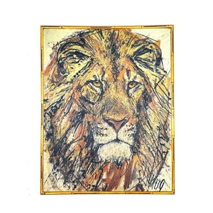 Vintage MCM Löwe Portrait Gemälde von Fritz Rudolf Hug gerahmt 60er Mitte 20. Jahrhundert - Bild 1 von 10
