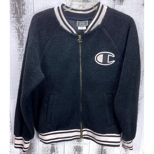 Champion Women's M Black Sherpa Fleece Varsity Jacket Zip Up Logo - Picture 1 of 9